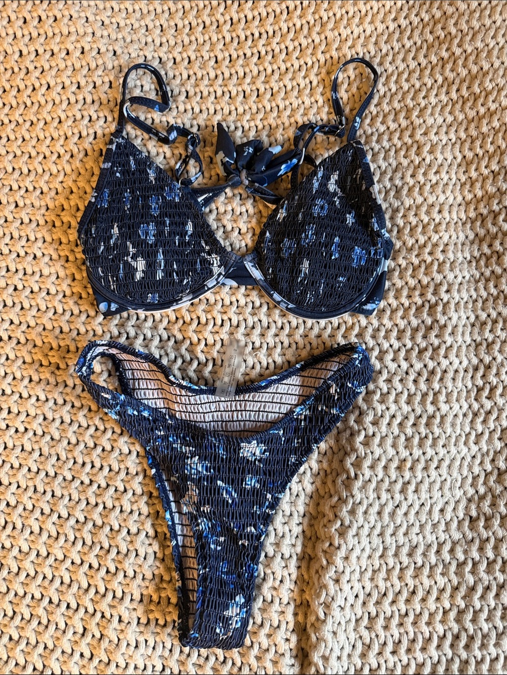 Womenโs Navy Floral Smocked Bikini Set